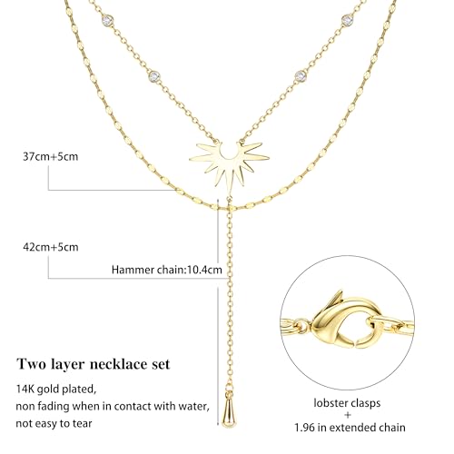 Dochais Dainty Gold Layered Necklace for Women, 14K Gold Plated Y Necklace & Chain, Dainty Lariat Long Necklaces, Trendy Cubic Zirconia Choker, Sun, Heart, Pearl & Cross Pendant Necklace, Jewelry Gift - color: Y Layered CZ Drop Glossy Sun Lariat-GD