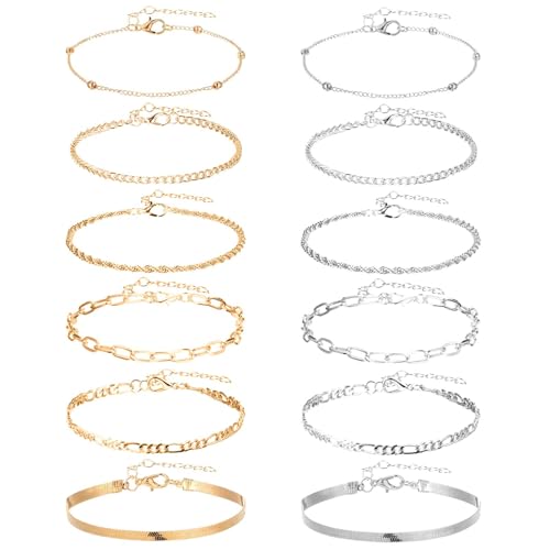 Ankle Bracelets for Women 12 Pcs Gold/Silver Plated Layered Cuban Link Chain Anklets Set Summer Boho Jewelry Anklets - style: 10 Chains & 2 Round Chains