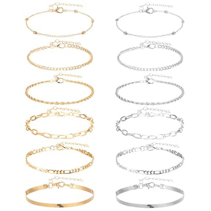 Ankle Bracelets for Women 12 Pcs Gold/Silver Plated Layered Cuban Link Chain Anklets Set Summer Boho Jewelry Anklets - style: 10 Chains & 2 Round Chains