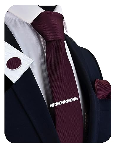 GUSLESON New 3.15"（8cm） Solid Color Necktie and Pocket Square Cufflinks Clip Set - color: Maroon