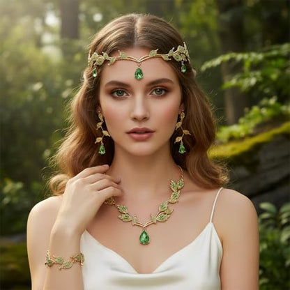 Wedding Jewelry Set for Women, Rhinestone Leaf Tiara Headband Crown Necklace Earrings Bracelet for Women - color: Gold,Green