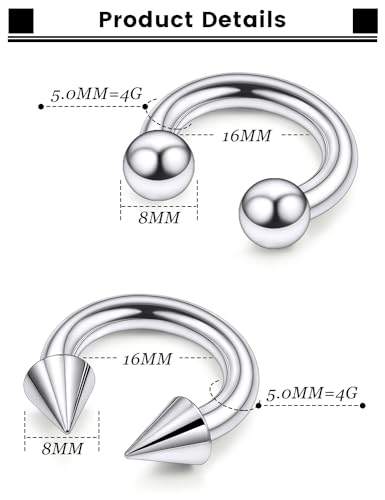 F136 Titanium 20/18/16/14/12/8/4/2g Septum Nose Rings Gauge Earrings Lip Rings Prince Albert Jewelry Internally Threaded Horseshoe Hoop Piercings - size: 4g*16mm