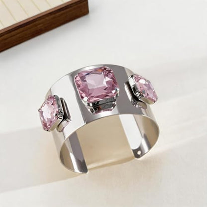 Punk Square Crystal Open Bracelet for Women Fashion Wide Cuff Bangle Bracelets Shiny Rhinestone Rectangle Charm Bangle Geometric Statement Jewelry Gifts - color: Pink