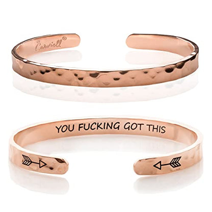 Carviell Bracelet - Gifts for Women – Inspirational, Friendships, Love, Mom, Daughters, Sisters, Christian, Graduations, Memorials & Wedding Gifts – 100+ Phrases – Stainless Steel, Gift Ready - color: BADASS Gift - YOU F##king Got This - ROSE GOLD