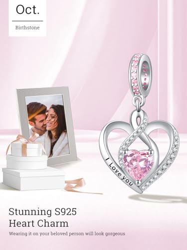 Heart Birthstone Charms for Bracelets, 925 Sterling Silver Women Bead Charms for Charm Bracelets Necklace, Mother's Day Birthday Anniversary Jewelry Gifts for Wife Mom Grandma Daughter - style: Dangle - Oct - Tourmaline
