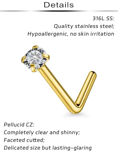 20Pcs Nose Rings Studs Surgical Steel L-Shape Nose Rings for Women 1.5mm 2mm Cubic Zirconia Nose Screw Studs Hypoallergenic Nose Piercings Jewelry 24g 22g 20g 18g - color: L-shape,goldtone, size: 24g,2mm CZ