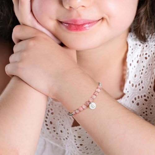 Ritach Initial Bracelets for Girls Kids - Pink Zebra Natural Stone Disc/Heart Initial Bracelet Adjustable Gold/Silver Beaded Bracelets for Girls Kids Teen Girl Jewelry Birthday Gifts - color: L-Silver