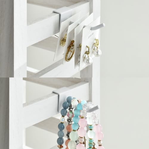 Ikee Design 5 Tiers Free Assemble Wooden Jewelry Display Rack with 20 Removable Metal Hooks,Earring Card Display Stand,Jewelry Organizer,Bracelet Organizer,Keychain Display Stand,Wash White | Wooden 5 Tiers Jewelry Display Rack with Hooks: Comes with 20 r