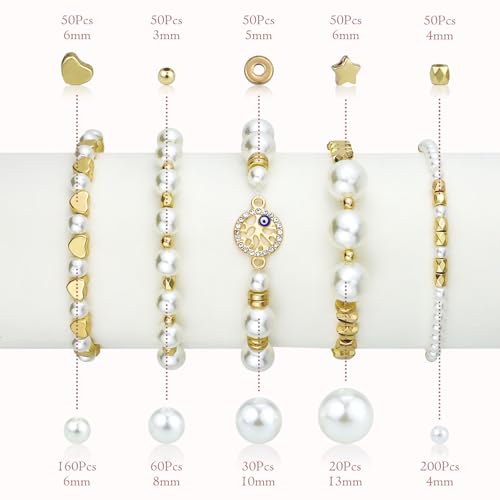 Gold Spacer and Pearl Beads for Bracelets, 5 Sizes White Pearls and 5 Styles Gold Beads, Bracelet Making Kit for Jewelry Making Necklaces Earrings DIY Crafts (720 Pcs)