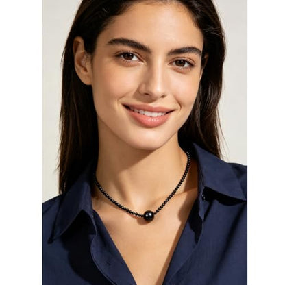 Single Pearl Choker Pendant Necklaces for Women, Natural Gemstone Womens Black Stone Beaded Choker Necklace, Dainty Round Freshwater Pearl Handmade Jewelry Gift Women Birthday Bridesmaids Anniversary 16 18 inch - color: 03-black, size: 16"