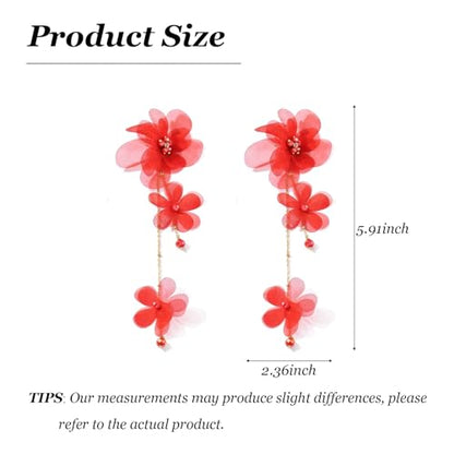 Flower Earrings for Women Long Fabric Flower Tassel Earrings Bohemian Handmade Floral Statement Earring Wedding Prom Jewelry Gifts - color: A5：red