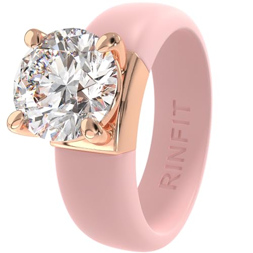 Rinfit Silicone Ring with Stone, Round Cut CZ | AAAAA Grade Cubic Zirconia, Solitaire Engagement Ring for Her, Flexible Rubber Wedding Band for Women, Patented Design - color: Pack E: Pink / Rose Gold