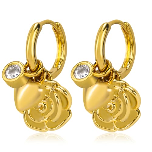 Dangle Gold Charm Earrings for Women 14K Gold Plated Bow Cherry Rose Zirconia Dragonfly Love Heart Wing Cross Pearl Conch Seashell Huggie Hoop Earring Drop Cross Trendy Party Jewelry Gifts for Women - style: Rose and Heart