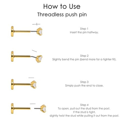 DAI JY 20G Threadless Flat Back Earrings hypoallergenic Titanium Small Stud Earrings Push-In CZ Nose Studs for Women Men Labret Cartilage Helix Conch Medusa Monroe Tragus Piercing Jewelry - color: Gold, size: 20g-2.5mm