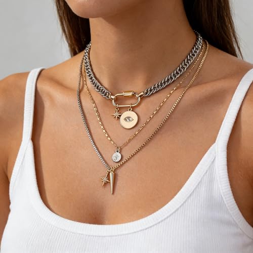 Layered Necklace Set for Women, Mixed Metal Evil Eye Charm Jewelry, Trendy | Mixed Metal Layered Necklace with Evil Eye, Star and Spike Charms for Women Who Love Trendy Boho & Edgy Jewelry - style: 3PCS