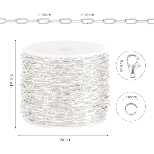 Kyutong Stainless Steel Jewelry Making Chains Bulk Silver Paperclip Chain | 16.4FT/5M Necklace Making Supplies 3MM Paperclip Chains for Jewelry Making with Lobster Claw Clasps Jump Rings - color: silver paperclip