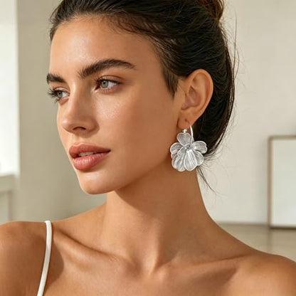 Gold Silver Flower Hoop Earrings for Women 14K Gold Plated Large Layered Flower Dangle Drop Earrings Wedding Party Holiday Birthday Gifts Lightweight Trendy Bohemian Jewelry Gift for Her - color: Silver