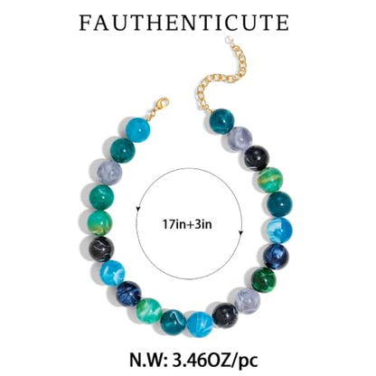 Chunky Beaded Choker Necklace for Women Boho Statement Necklace with Large Pearl Blue Brown Tone Resin Beads Summer Beach Jewelry Gifts - color: Blue-A