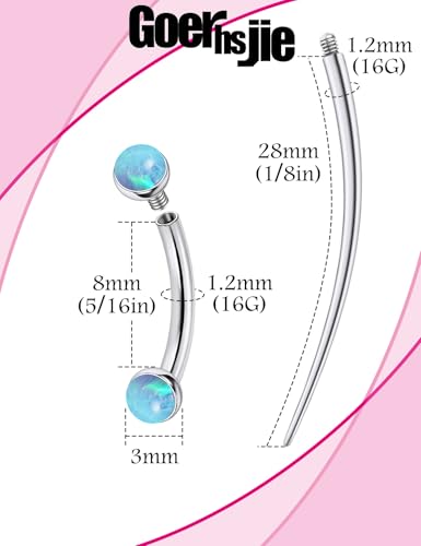 F136 Titanium 16g 6/8/10mm Opal Eyebrow/Rook/Snug/Vertical-Labret/VCH/Snake-Eyes/Anti-Tragus/Christina/Daith/Belly-Button/Bridge/Hood/Surface Curved Barbell Piercing Jewelry for Women Men - color: Blue, size: 8mm=5/16in