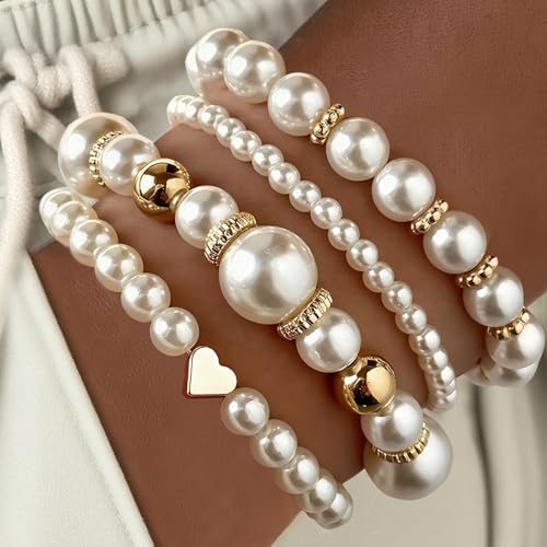 4Pcs Pearl Beaded Bracelet Set, Stackable Elastic Bracelets with Gold Heart, Elegant Faux Pearl Jewelry Gifts for Women