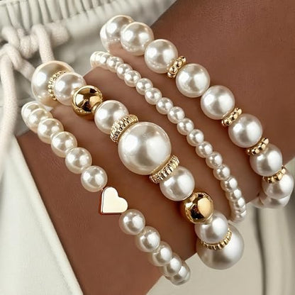 4Pcs Pearl Beaded Bracelet Set, Stackable Elastic Bracelets with Gold Heart, Elegant Faux Pearl Jewelry Gifts for Women