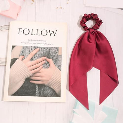Pack of 2 Knotted Bow Hair Scrunchies Elastic Hair Scarf Hair Ties Bands Satin Hair Ribbon Scrunchy Red Ponytail Holder for Women and Girls, Hair Scarf Scrunchies, Hair Accessories (Burgundy) - color: Burgundy