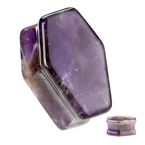 Pierced Owl Coffin Shaped Amethyst Stone Double Flared Plugs, Sold as a Pair - style: 6mm (2GA)