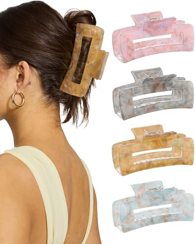 4PCS Large Claw Clips for Thick Hair, Large Acrylic Hair Clips | Modern Marble Geometric Design, Non-Slip Secure Hold for Long Hair, Buns, Updos and Everyday Styling - color: Pink + Gray + Yellow + Cyan