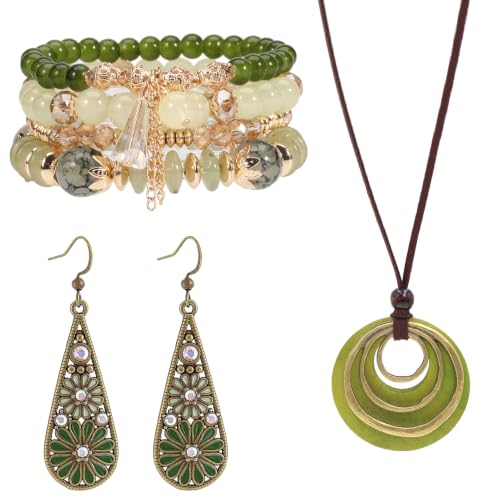 3 Pcs Boho Jewelry for Women Set, Disc Necklace Crystal Teardrop Earrings Beaded Bracelet, Bohemian Style Jade Jewelry Fit Warm-Weather Beach Vacation Accessories