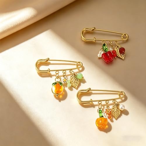 Fall Pumpkin Safety Pin Brooch for Women Leaf with Faux Pearl Daisy Dangle | Stainless Steel, Flower, Acrylic Hanging Lapel Pins, Halloween & Thanksgiving, Sweater Coat Jewelry, Fashion Harvest Season