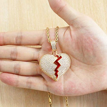 Broken Heart Pendant Necklace Hip Hop CZ Fully Iced Out Bling CZ Diamond 24K White Gold Plated with 24" Stainless Rope Chain - color: Gold
