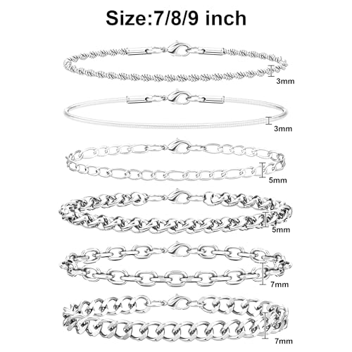 6PCS Stainless Steel Bracelets for Men Women, Silver Gold Black Cuban Link Rope Snake Wheat Chain Paperclip Figaro Jewelry Set, 7/8/9 Inches - color: Silver, size: 8 inches
