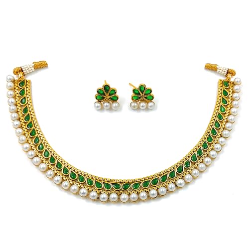 Aheli Ethnic Faux Kundan Pearl Fancy Bridal Choker Necklace Indian Traditional Bollywood Jewelry Set with Earrings Gift for Women - color: Green & White