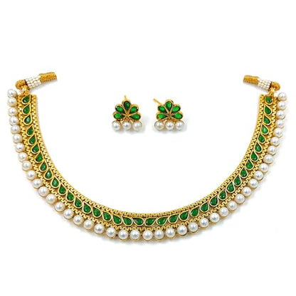 Aheli Ethnic Faux Kundan Pearl Fancy Bridal Choker Necklace Indian Traditional Bollywood Jewelry Set with Earrings Gift for Women - color: Green & White