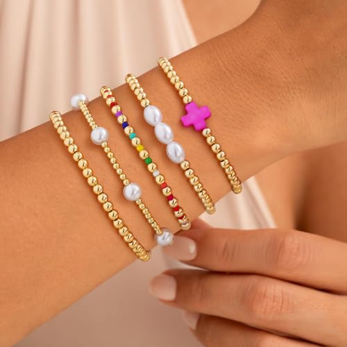 Turandoss 5PCS 14K Gold Plated Beaded Stretch Bracelets Set for Women | Stacked Bow Cross Wave Knot Pearl Beads Bracelet Set, Waterproof 7 Inch Stretch Elastic, Summer Jewelry Gifts for Women Girls - color: 5PCS Pink Cross Beaded Bracelets