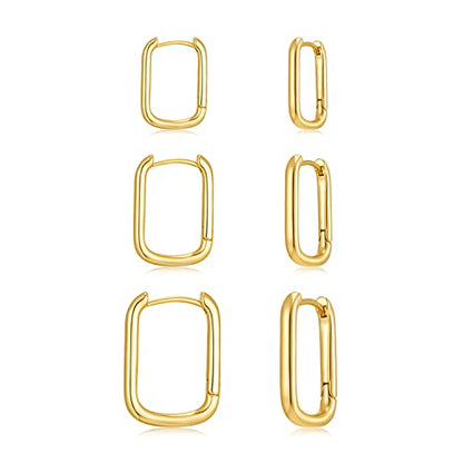 2 Pairs 14K Gold Plated Minimalist Hoop Earrings Small Dainty Geometric Square and Rectangle Huggies Hoops for Girls Women Gift, gold, silver and black - color: 3 pairs