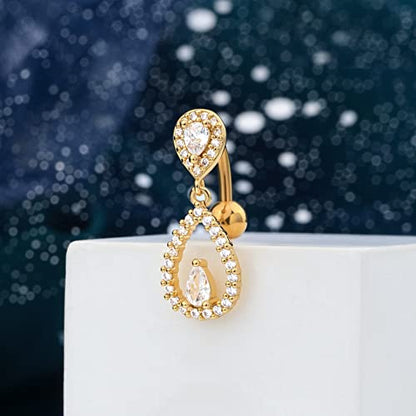 Top Down Belly Button Rings 14g Cute CZ Heart Belly Button Rings for Women Dangle Tear Drop Belly Ring Belly Piercing Jewelry - color: Gold