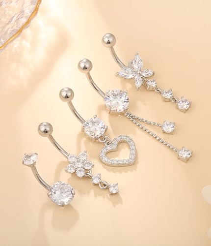 Leocuci Surgical Stainless Steel Dangle Belly Button Rings for Women Belly Ring Dangling Piercing Jewelry with Heart Flower Butterfly14G - color: silver