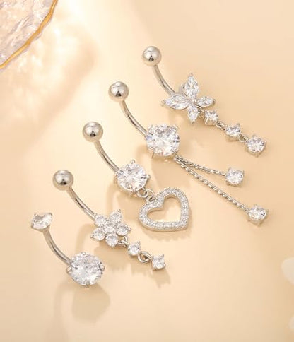 Leocuci Surgical Stainless Steel Dangle Belly Button Rings for Women Belly Ring Dangling Piercing Jewelry with Heart Flower Butterfly14G - color: silver