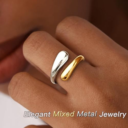 Non Tarnish Gold Chunky Rings for Women, 14K Gold Plated Statement Dome Rings Stacking Silver, Adjustable Mens Eternity Wedding Band Mixed Metal Jewelry Size 3-13 - color: Silver & Gold, size: 10, style: Open Twist Band