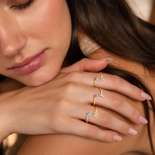 Turandoss Teen Girl Birthday Gifts for 8 9 10 11 12 13 14 15 16 Years | Dainty 14K Gold Plated Initial Letter A-Z Adjustable Heart Birthstone Ring Personalized Birthday Jewelry Gifts