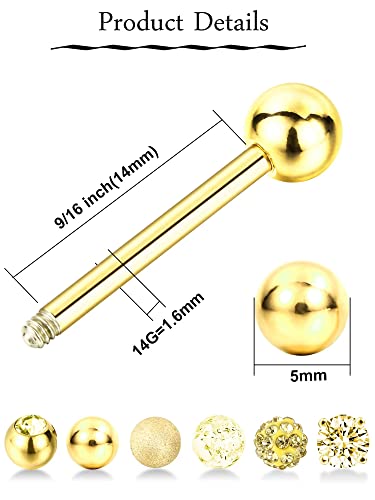 Sumind 6 Pairs Nipple Tongue Ring Stainless Steel Barbell Rings Cubic Zirconia Nipplerings Body Piercing Jewelry, 14 Gauge (Gold Color)