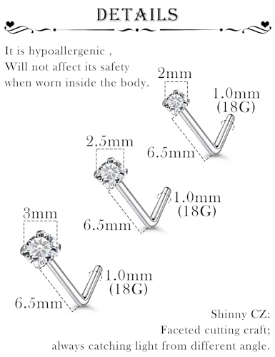 18G 20G 22G Stainless Surgical Steel Titanium Nose Rings Studs for Women L Shaped Nose Rings Screw Nose Studs Nostrial Piercing Jewelry for Women Men Silver Gold Black - style: 18G/Clear CZ/L-shaped/Titanium