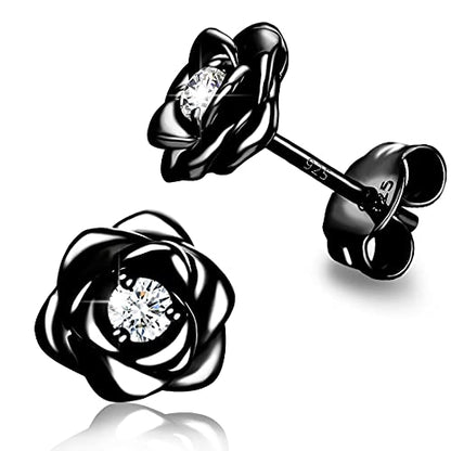 Gold Plated Sterling Silver Rose Flower Earring Studs, Hypoallergenic & Nickel Free Earrings for Women - color: Black Gold Plated Silver, size: 9.0 Millimeters