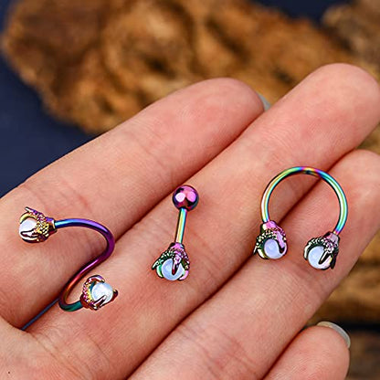 OUFER Twist Helix Earring 316L Stainless Steel Dragon Claw with Opalite Center 16G Twist Lip Labret Cartilage Upper Lobe Piercing Jewelry - color: Rainbow Opalite