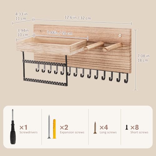 Lolalet Wall Mounted Hanging Jewelry Organizer, 15 Hooks Wooden Necklaces Holder with Storage Shelf, Easy Install Earrings Bracelets Hanger -Light Brown - color: Light Brown