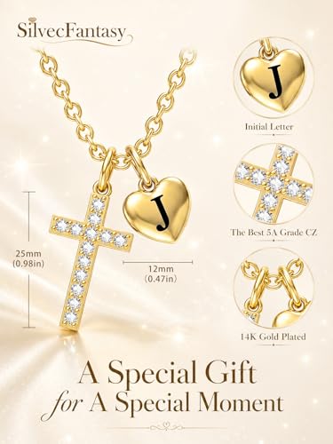 14K Gold Cross Necklace for Women Initial Letter Pendant Necklaces for Women, 14K Gold Dainty Simple Monogram Alphabet Necklace with Cable Chain, Birthday Gifts for Women - style: 14K Gold J