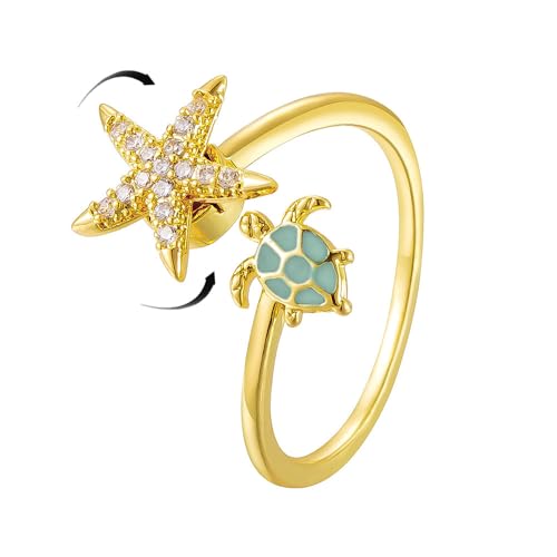 Dainty CZ Starfish Sea Turtle Open Adjustable Fidget Rings for Women Cute Crystal Sea Star Anxiety Spinner Statement Finger Band Rotating Animal Ring Comfort Fit Fashion Jewelry