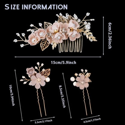 BOYIVI 4 Pieces Bridal Floral Hair Comb and Pins, Pink Alloy with Rhinestones, Plump Smooth Pearl and Fake Petal Wedding Hair Accessories for Brides, Bridesmaids, Women, Girls - color: Pink