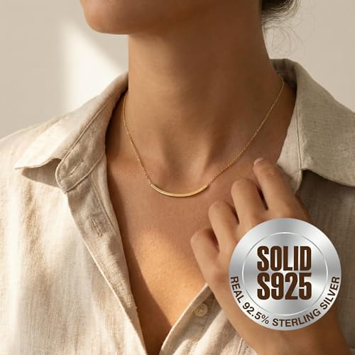 SLUYNZ Solid 925 Sterling Silver Minimalist Bar Choker Necklace for Women Teens Curved Tube Bar Pendant Necklace - color: B-18K Gold Plated